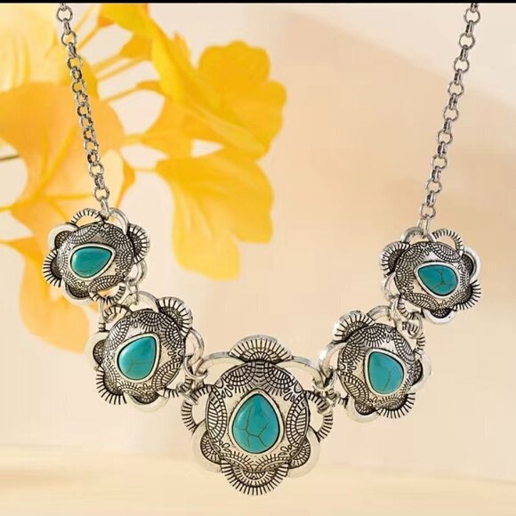 Faux Turquoise and Silver Concho Chain Necklace and Earrings Set (#1122) - Picture 6 of 7